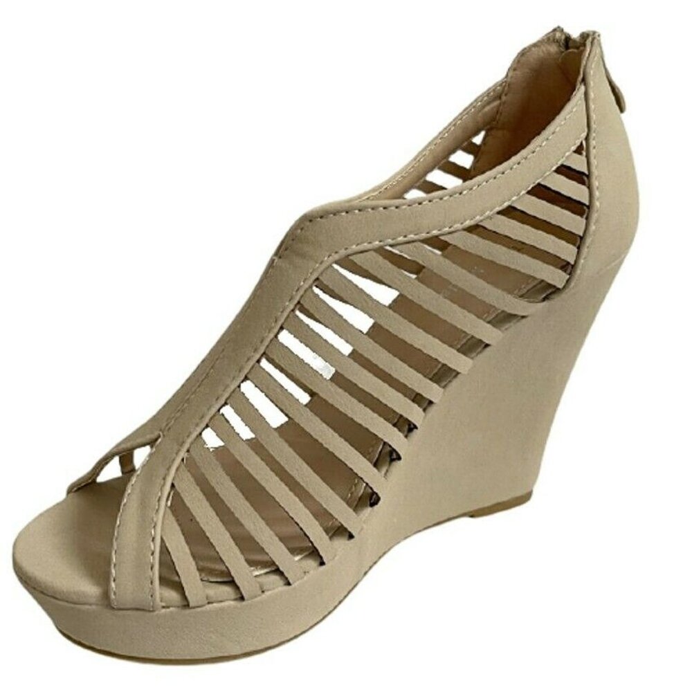 Top Moda Women's Birdcage Gladiator Wedge Sandals | Nude Beige Platform Heels - Picture 8 of 8